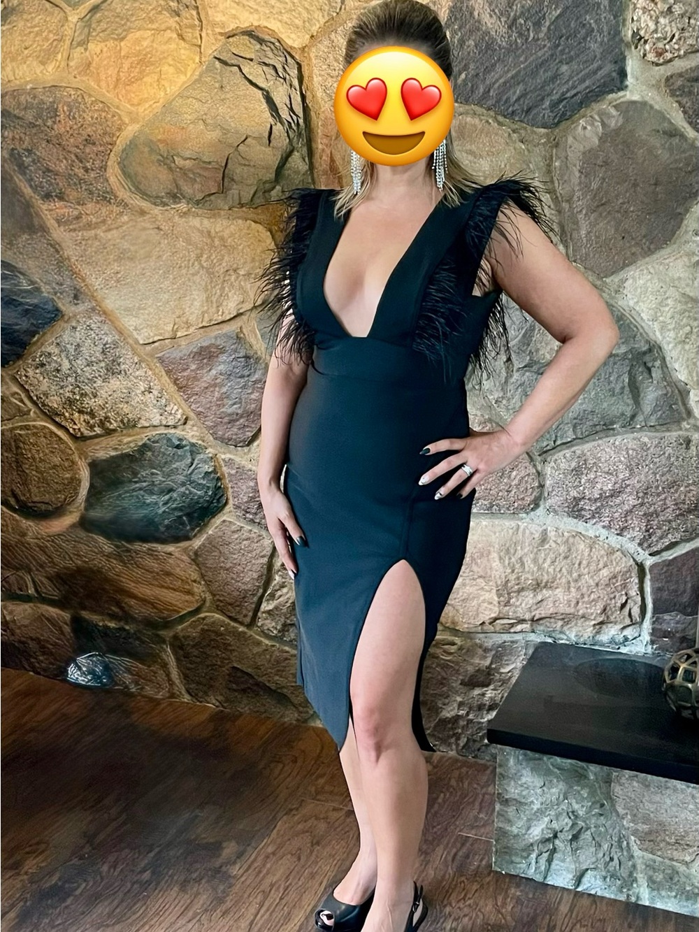 Black Plunge Midi Dress with Side Slit